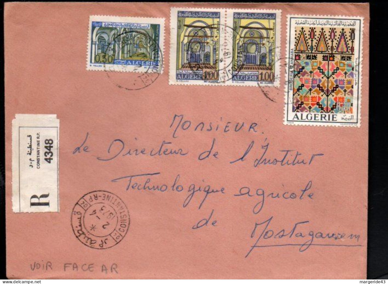 ALGERIE AFFRANCHISSEMENT COMPOSE SUR LETTRE RECOMMANDEE DE CONSTANTINE POUR LA FRANCE 1973 - Argelia (1962-...)