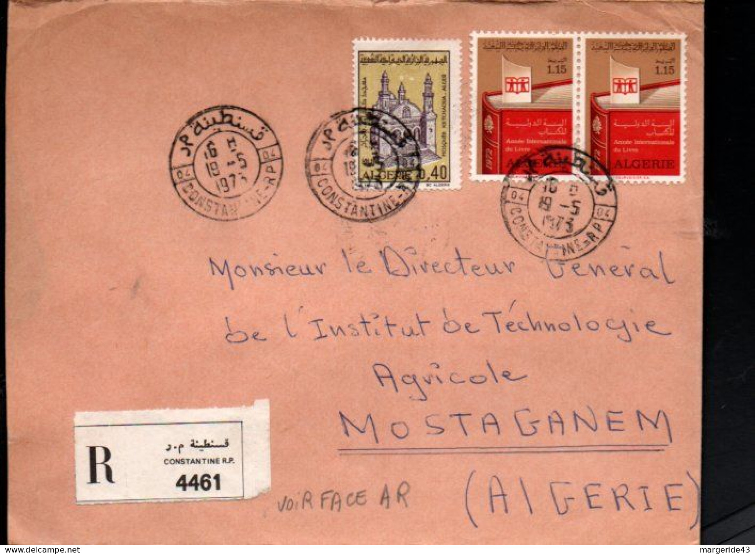 ALGERIE AFFRANCHISSEMENT COMPOSE SUR LETTRE RECOMMANDEE DE CONSTANTINE POUR LA FRANCE 1973 - Algérie (1962-...)