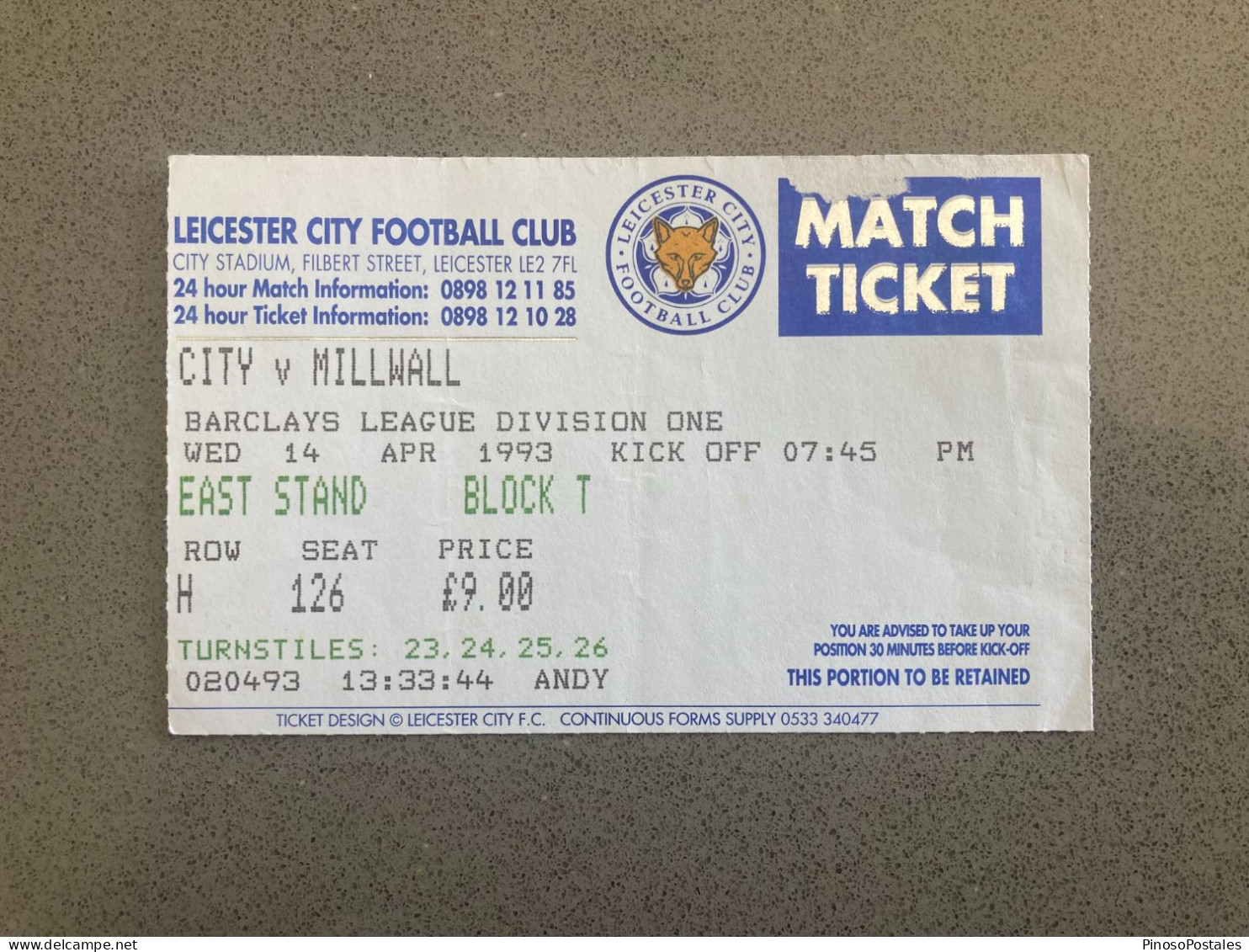 Leicester City V Millwall 1992-93 Match Ticket - Tickets & Toegangskaarten