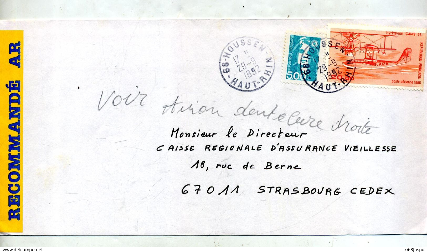 Lettre Recommandée Houssen Sur Hydravion - Manual Postmarks