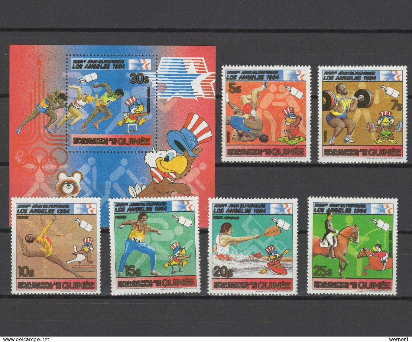 Guinea 1983 Olympic Games Los Angeles, Space, Wrestling, Weightlifting, Equestrian Etc. Set Of 6 + S/s MNH - Estate 1984: Los Angeles