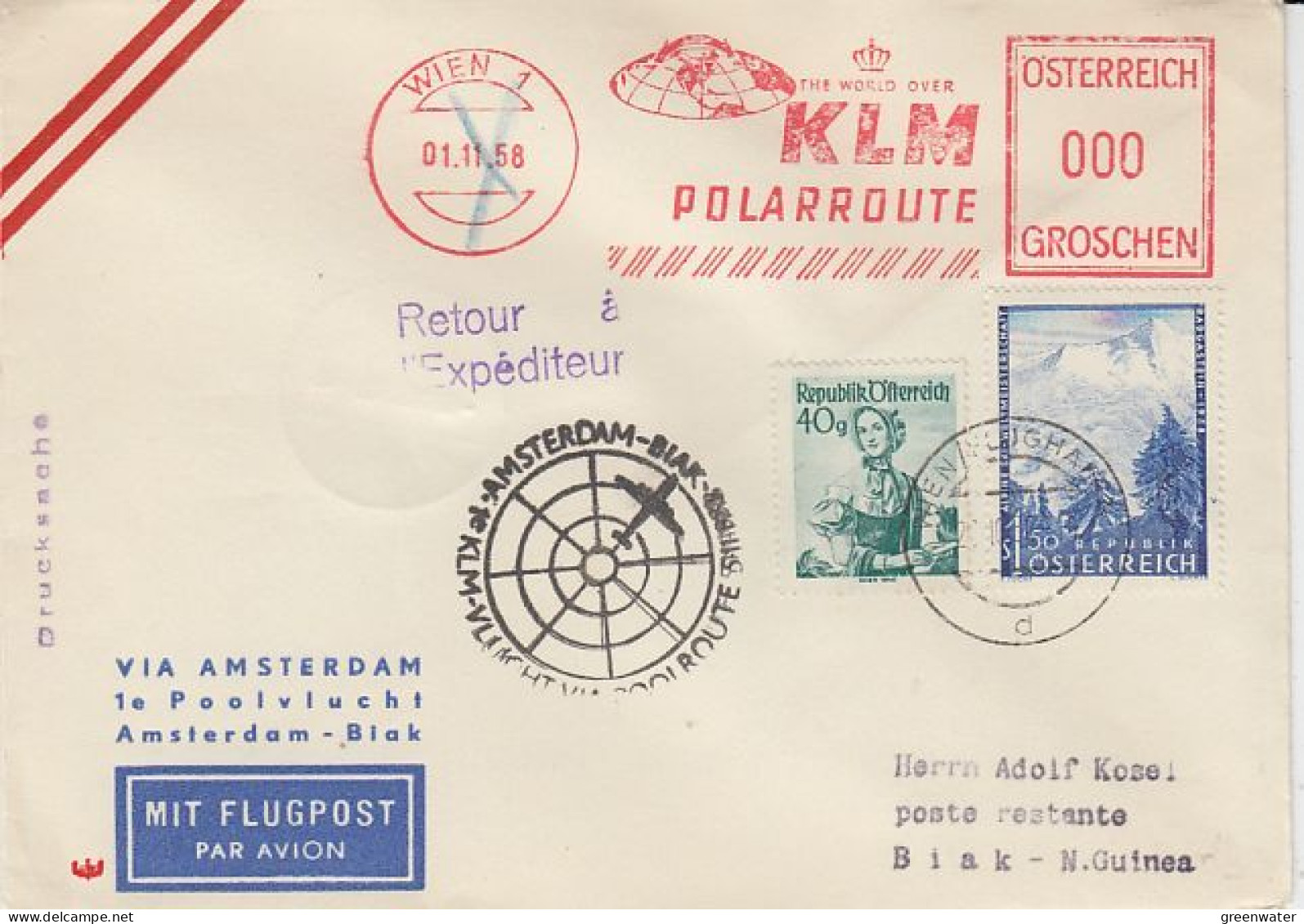 Austria 1958 KLM Polarroute 1st Flight Amsterdam- Biak New Guinea Cover (59621) - Covers & Documents