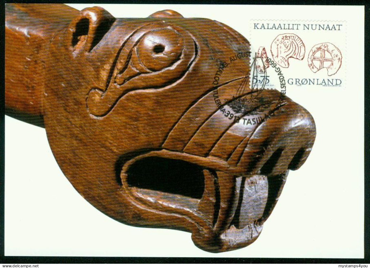 Mk Greenland Maximum Card 1999 MiNr 341 | Greenland Vikings. Arrowhead And Coins. Animal Head Carved In Wood #max-0056 - Maximumkaarten