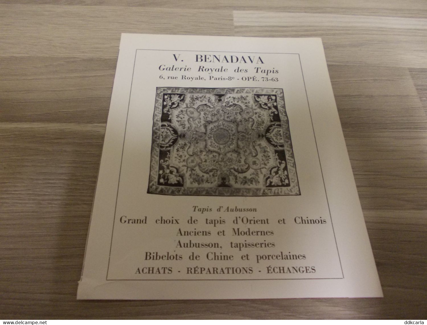 Reclame Advertentie Uit Oud Tijdschrift 1956 - V. BENADAVA Galerie Royale Des Tapis - Tapis D'Aubusson - Pubblicitari