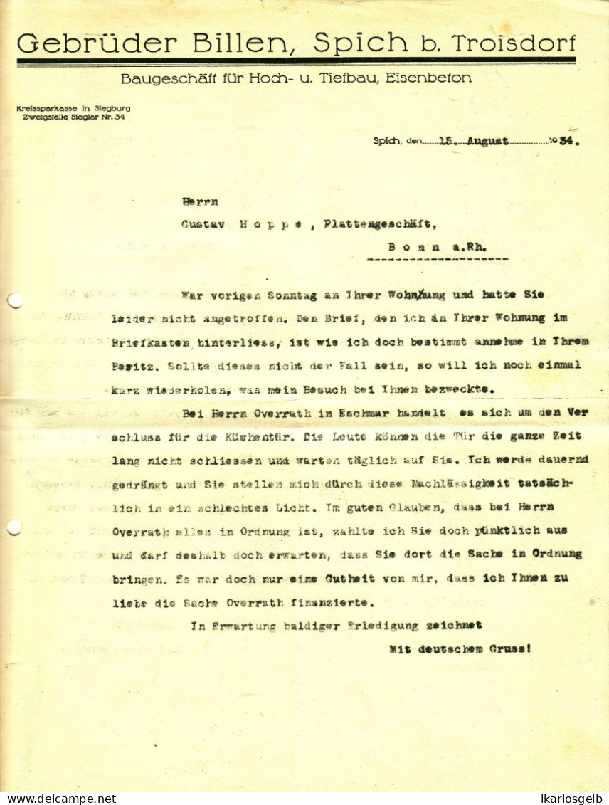 Spich Bei Troisdorf 1934 Deko Rechnung " Gebrüder Billen Hoch- Tiefbau Eisenbeton- Baugeschäft " - Transportmiddelen