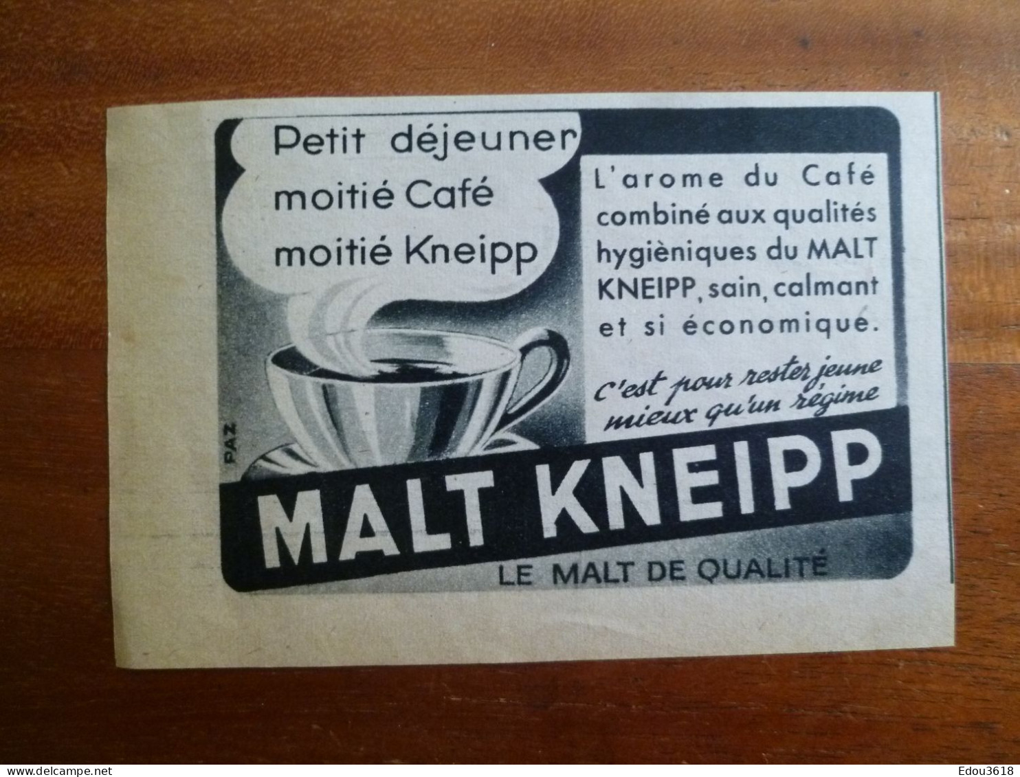 Pub Petit Déjeuner Café Et Malt Kneipp Sain Calmant Pour Rester Jeune Mieux Qu'un Régime 1953 - Publicités