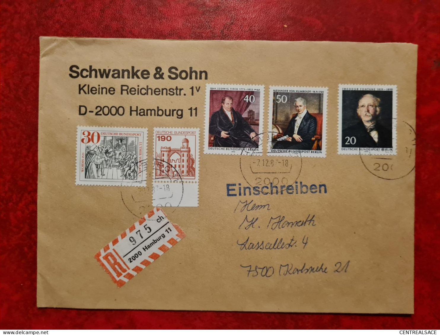 1987 RECOMMANDE HAMBURG 11 POUR KARLSRUHE ENTETE SCHWANKE ET SOHN - Brieven En Documenten