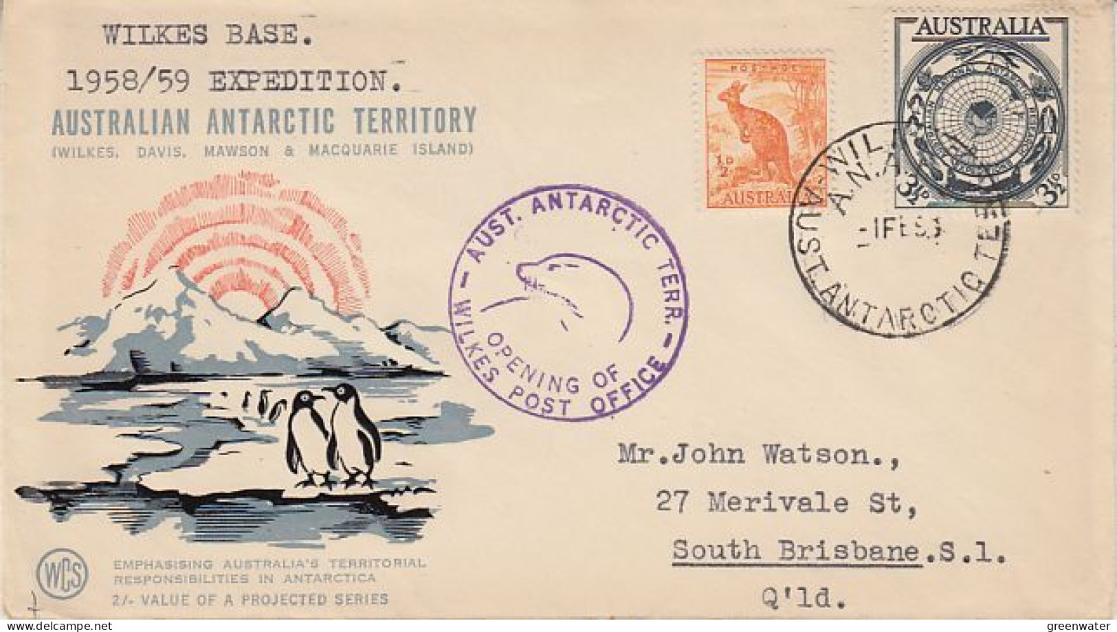 AAT Wilkes Base 1958/1959 Expedition Opening Of Wilkes Post Office Ca Wilkes 1 FEB 1959 (59623) - Cartas & Documentos