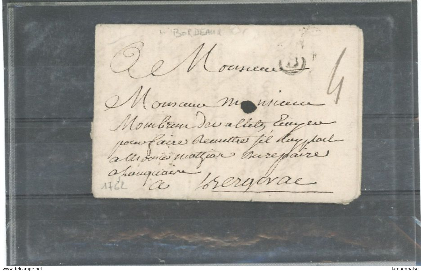 32 -BORDEAUX - 1762-LAC-POUR BERGERAC (B) DANS UN CROISSANT COIFFÉ D'UNE FLEUR DE LYS-LENAIN N°10 - 1701-1800: Precursores XVIII