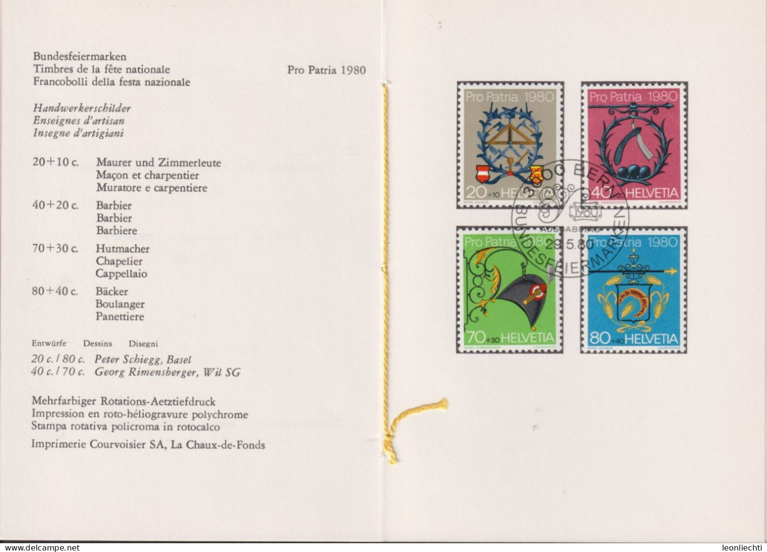 1980 Schweiz PTT Faltblatt Nr.175, ET ° Mi:CH 1174-1179, Zum:CH B186-B189, Handwerkerschilder - Cartas & Documentos