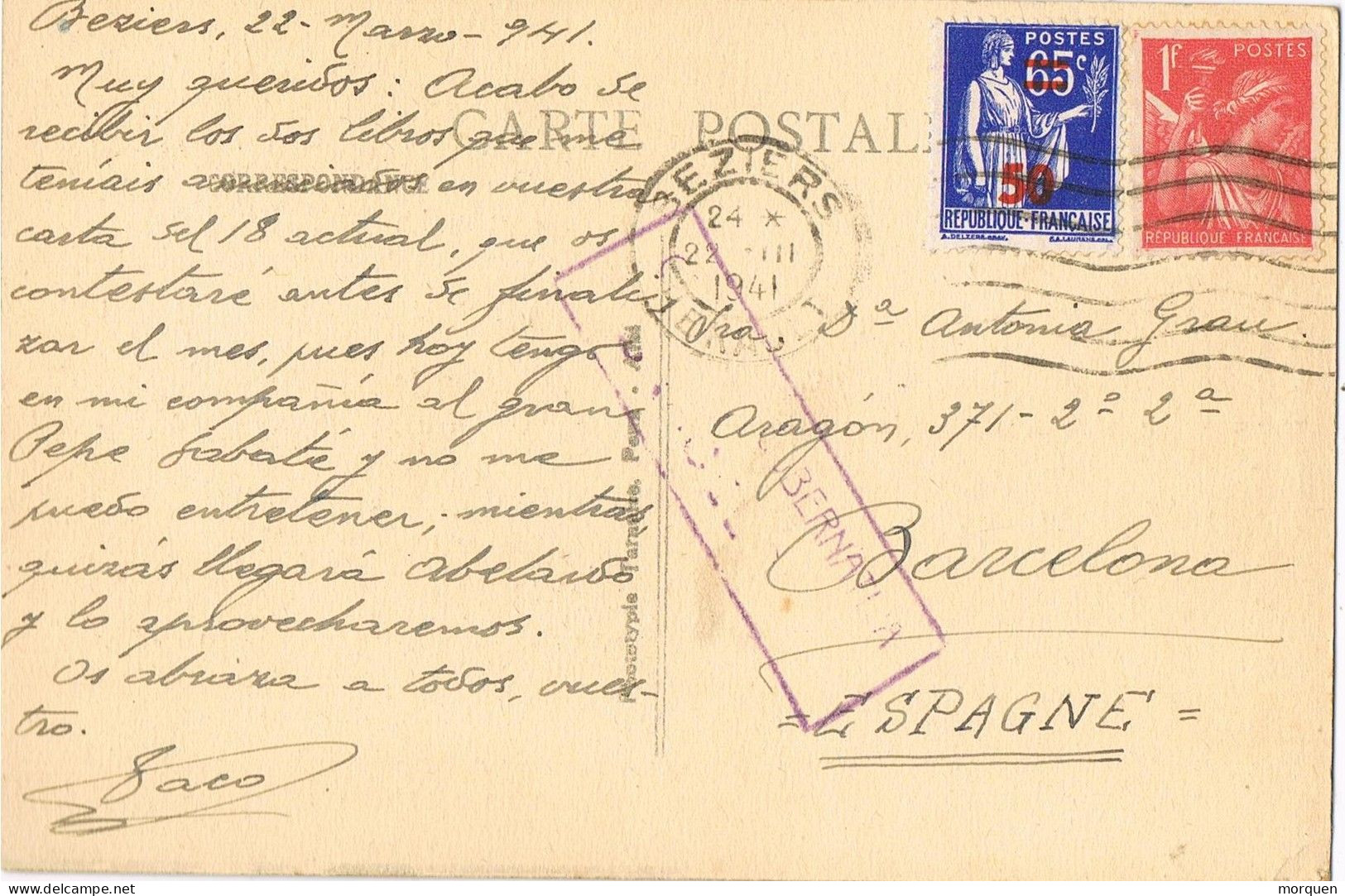 54891. Postal BEZIERS (France) 1941 A BARCELONA. Guerra Civil, CENSURA Gubernativa Llegada. Iglesia La Madeleine - Brieven En Documenten