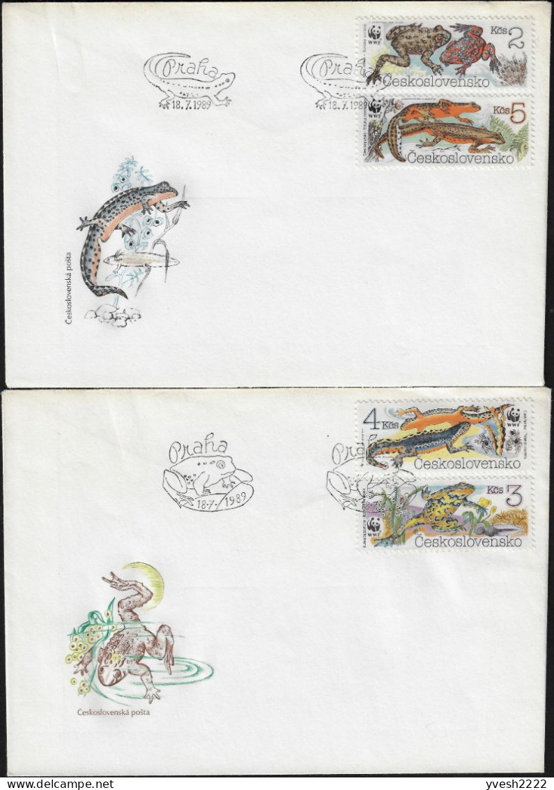 Tchécoslovaquie 1989 Y&T 2808 à 2811 Sur 2 FDC. WWF, Amphibiens. Grenouille, Triton Alpestre... - Frogs