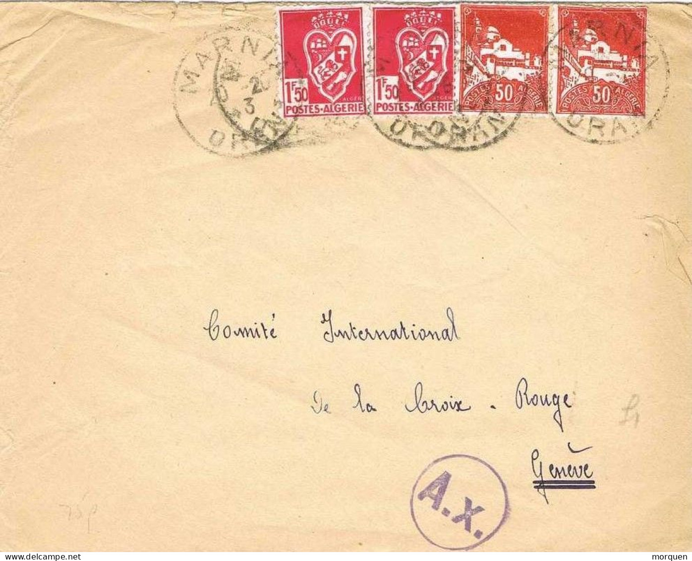 54892. Carta MARNIA, Oran  (Algerie) 1943 A Geneve. Marca Ax - Storia Postale