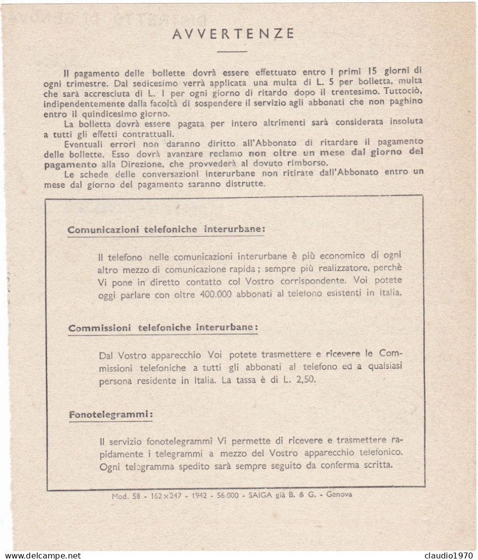 DOCUMENTO - SOCIEATA' TELEFONICA TIRRENA - DISTRETTO DI GENOVA- 1942 - Documents Historiques