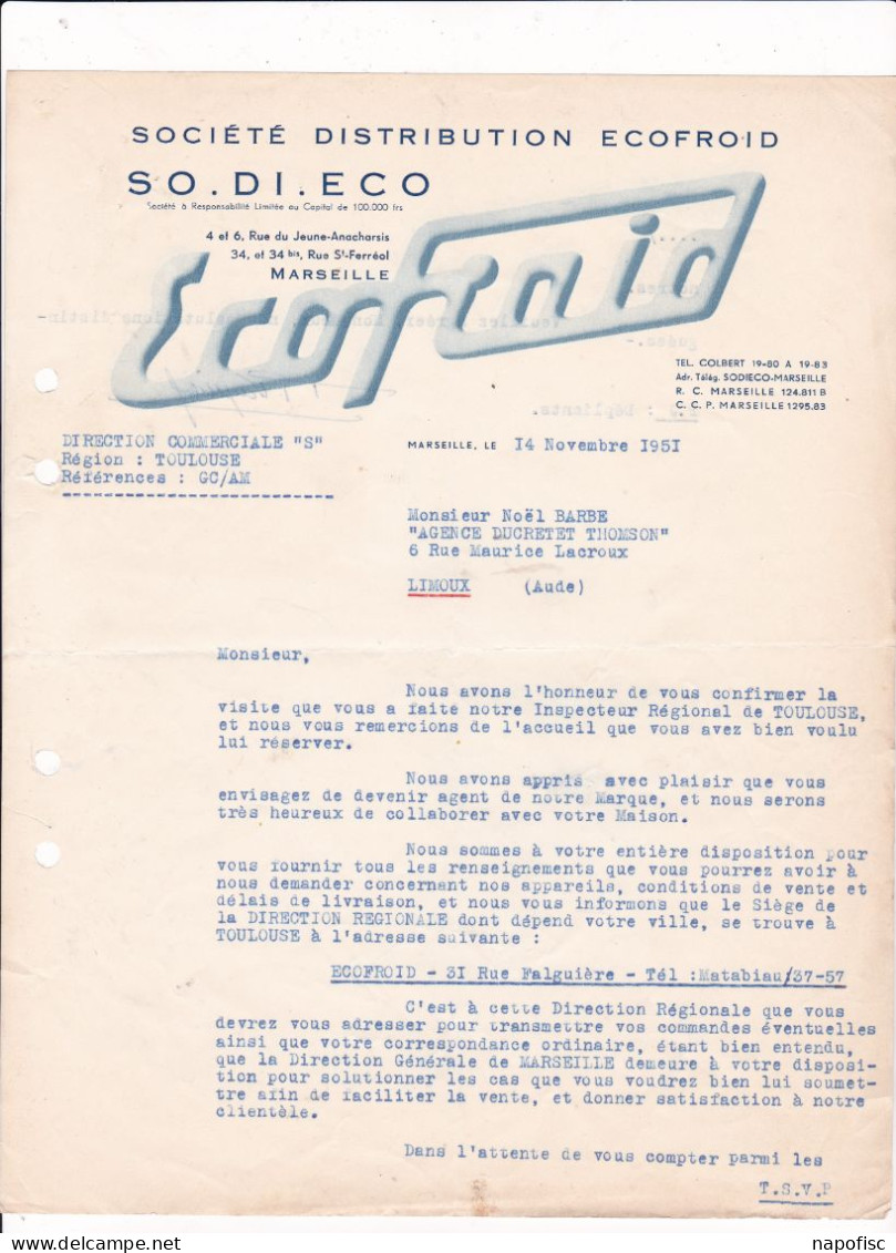 13-Société De Distribution Ecofroid...Marseille...(Bouches-du-Rhône)...1951 - Altri & Non Classificati