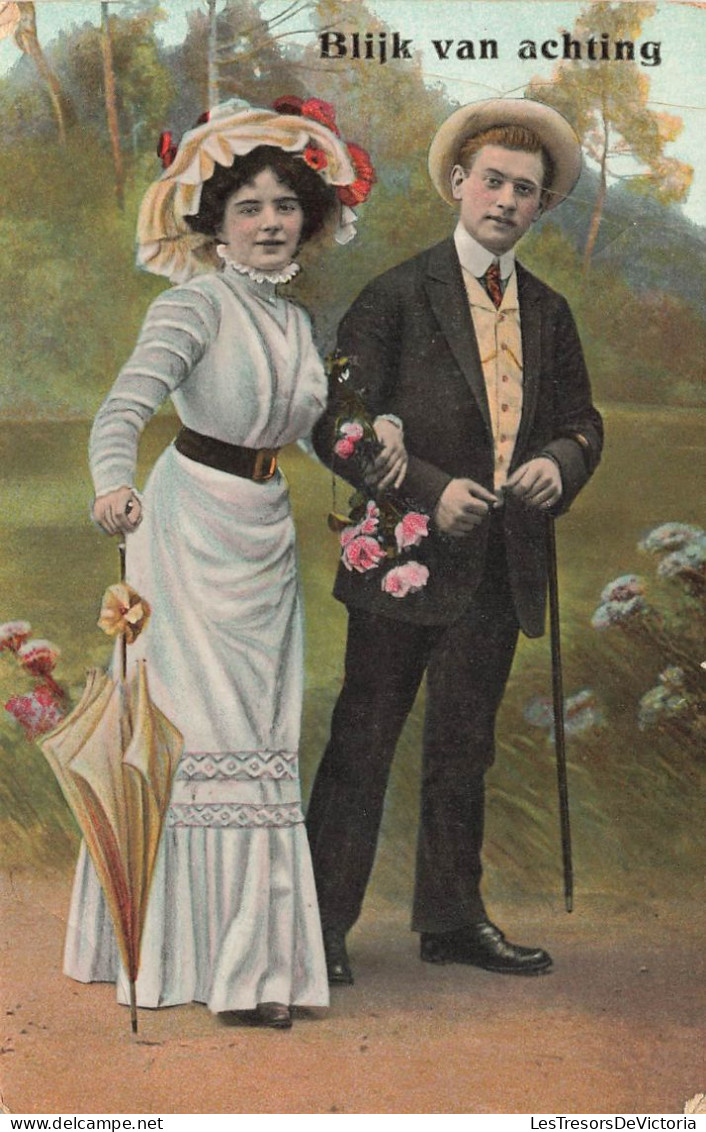 ILLUSTRATEURS - NON SIGNES - Homme - Femme - Couple - Fleur - Parapluie - Blijk Van Achting - Carte Postale Ancienne - Ohne Zuordnung