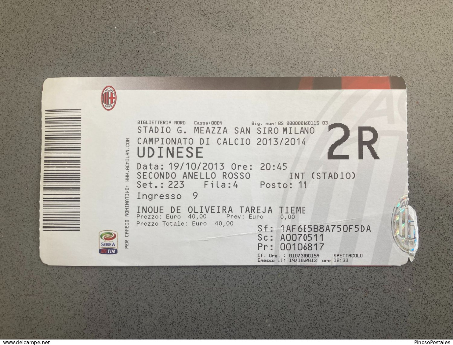 AC Milan V Udinese 2013-14 Match Ticket - Tickets - Entradas