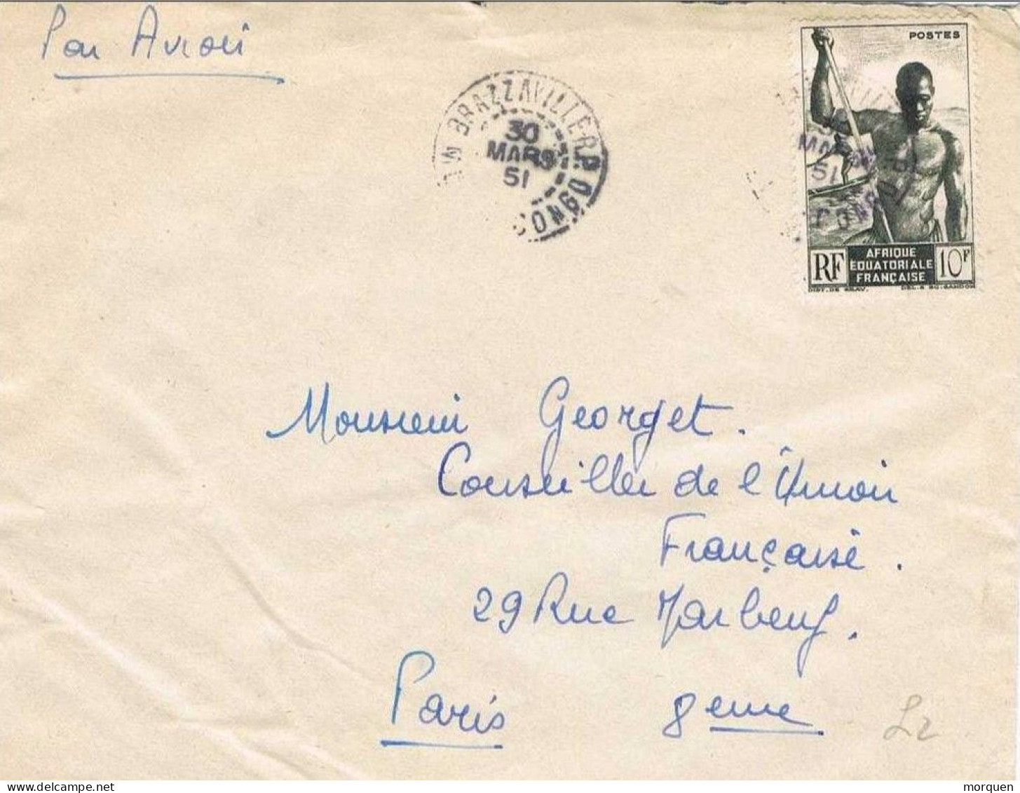 54893. Carta Aerea BRAZZAVILLE (Congo) 1951. Sello Africa Ecuatorial Francesa. - Briefe U. Dokumente