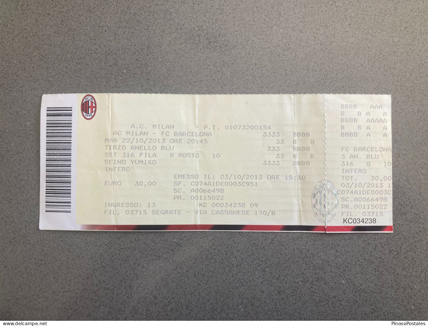 AC Milan V Barcelona 2013-14 Match Ticket - Match Tickets