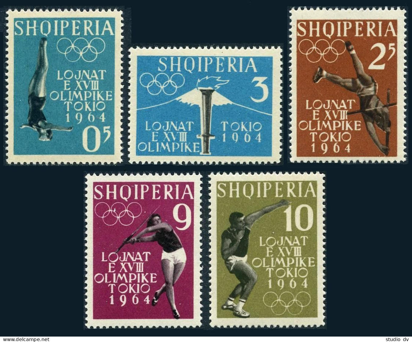 Albania 616-620,620a,MNH.Michel 657-661,Bl.8A. Olympics Tokyo-1964.Fuji,torch, - Albanië