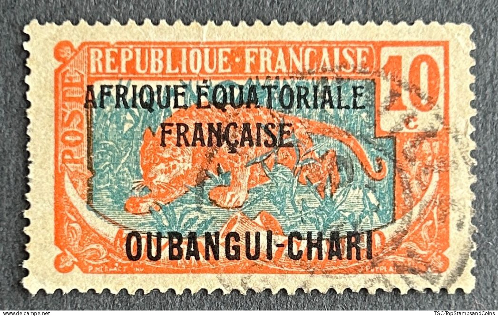 FRAOUB063U - Leopard - Overprinted AEF - Oubangui-Chari - 10 C Used Stamp - Oubangui-Chari - 1925 - Oblitérés