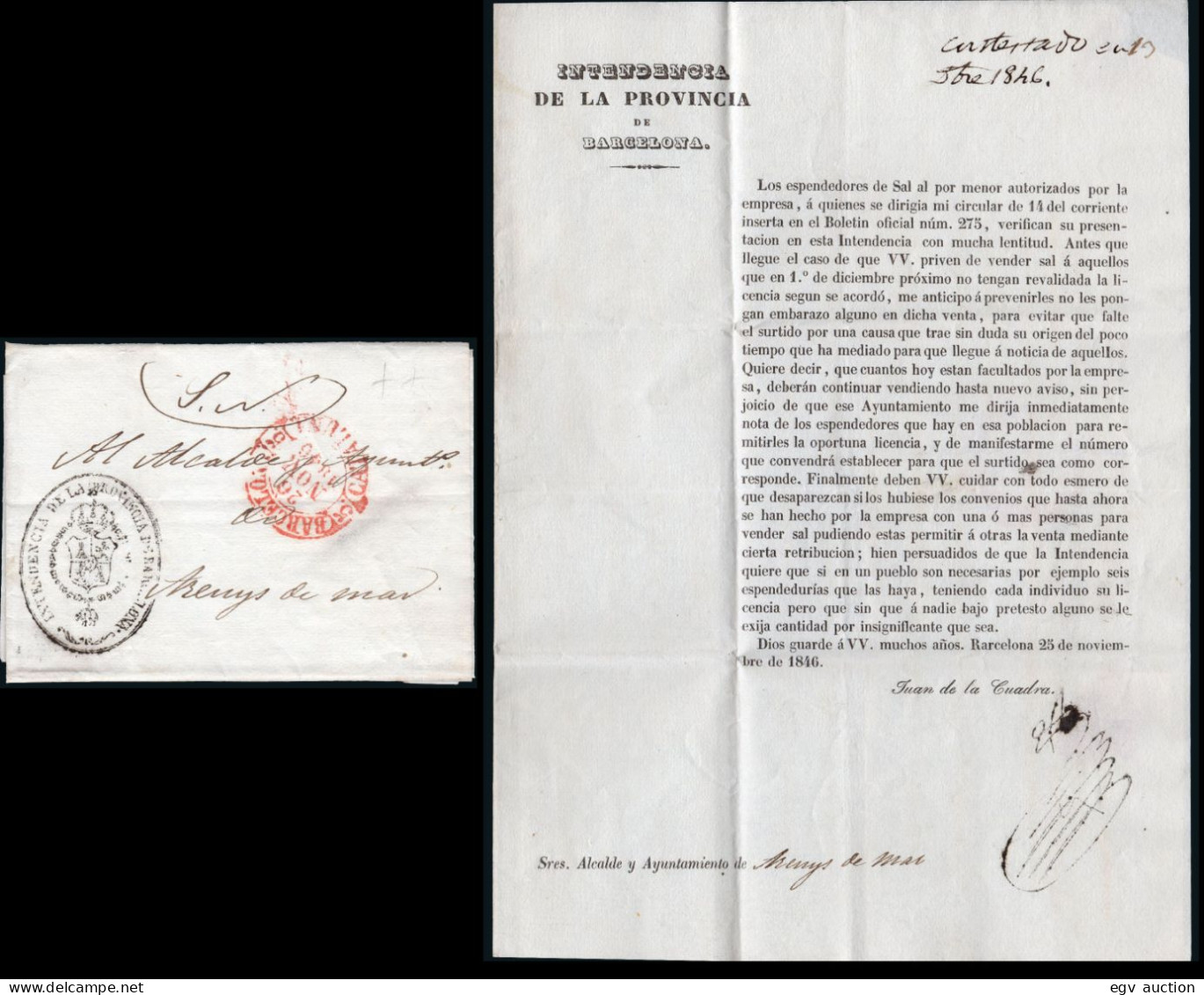 Barcelona - Prefilatelia - 1846 - Carta De SN + Marca "Intendencia De La Provincia Barcelona" A Arenys De Mar - ...-1850 Préphilatélie