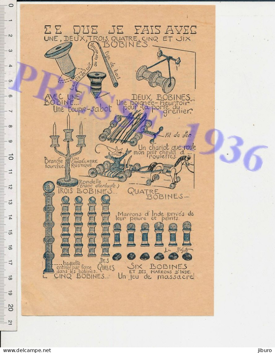 Doc 1936 Fabrication Jouet Toupie Avec Bobines De Fil à Coudre En Bois Poignée-heurtoir Jeu De Massacre Quilles - Sin Clasificación