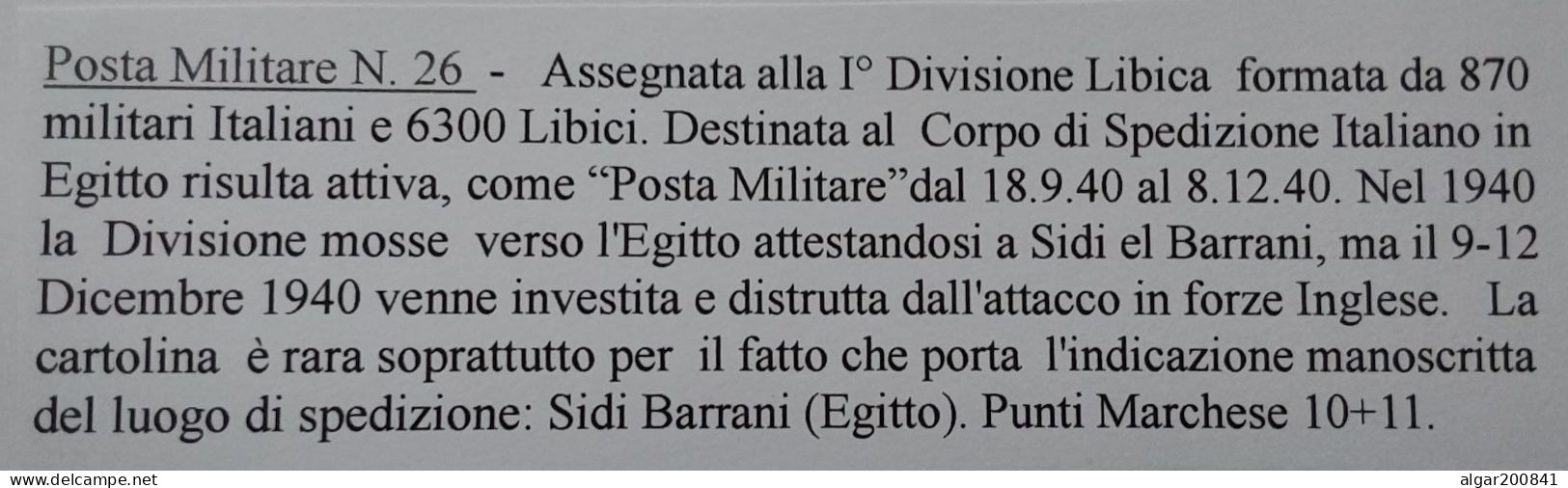 Posta Militare 26 Del 8/11/40 - 1° Divisione Libica - Da Sidi Barrani (Egitto) - Weltkrieg 1939-45