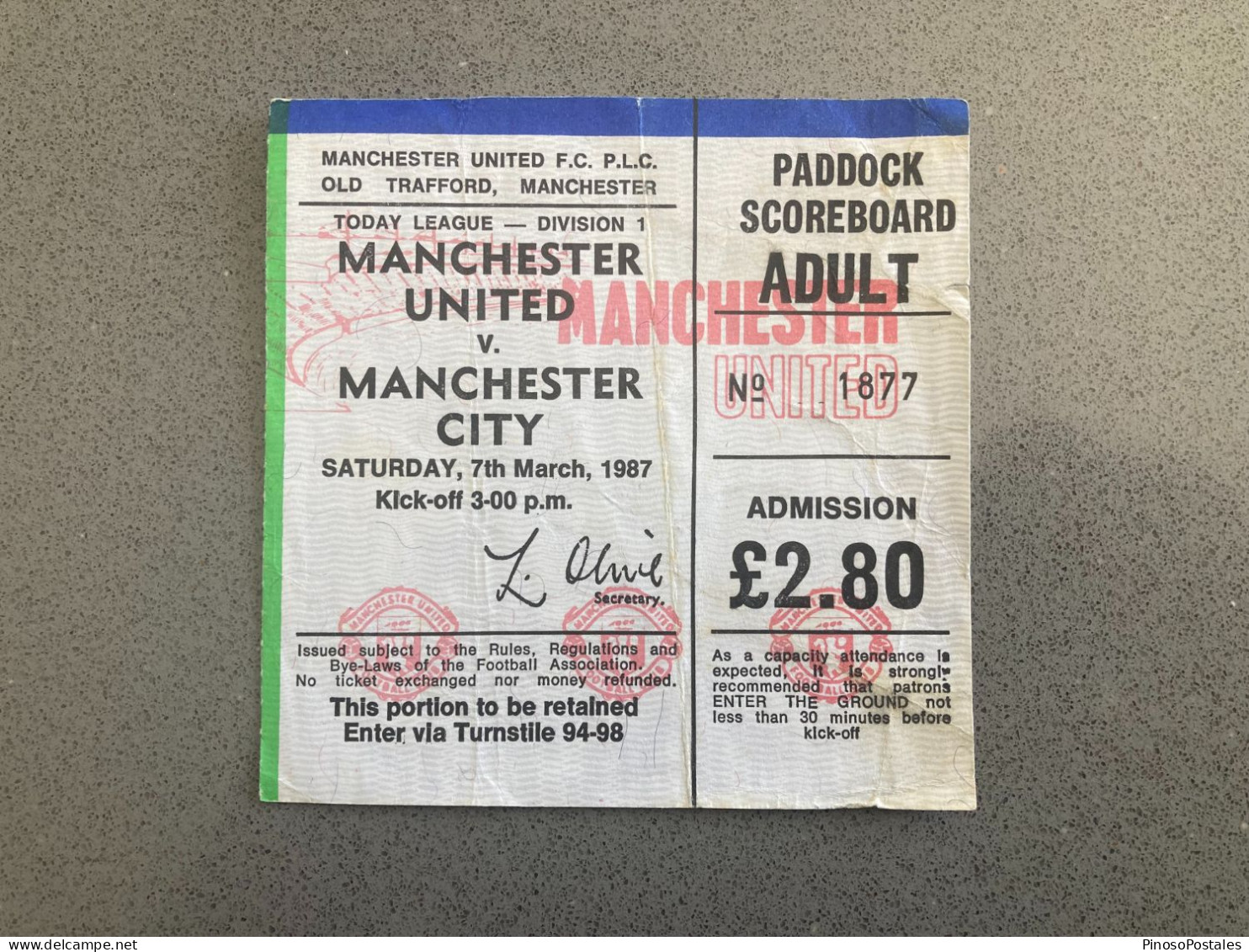 Manchester United V Manchester City 1986-87 Match Ticket - Biglietti D'ingresso