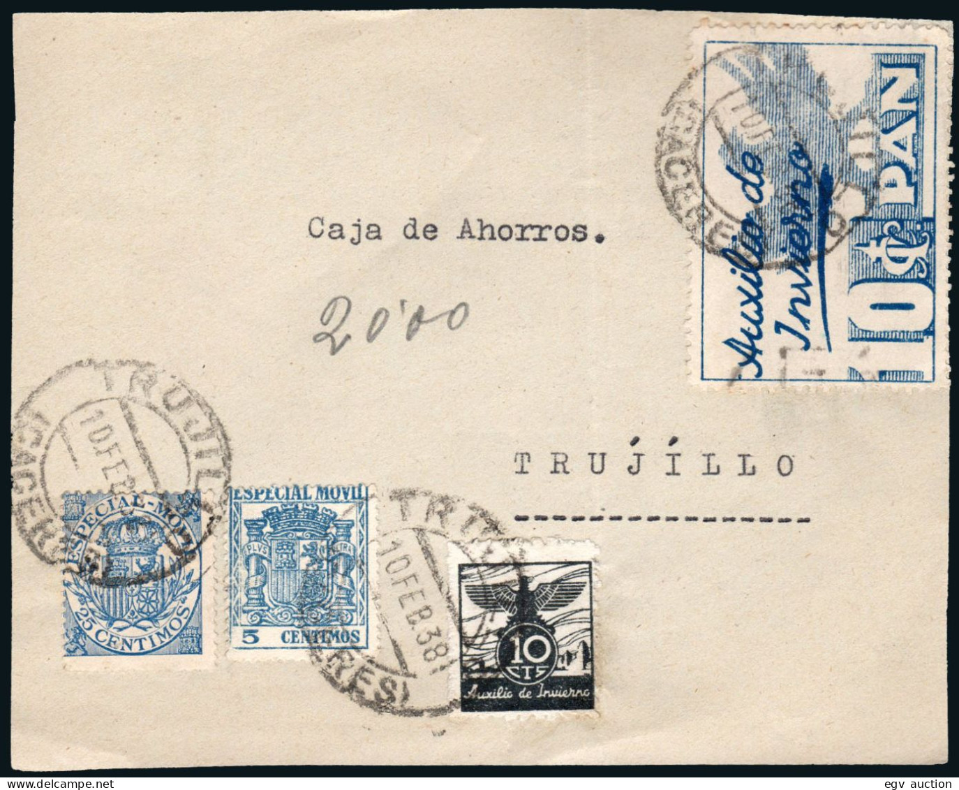 Cáceres - Guerra Civil - Frontal Con Esp. Móvil(2) + Auxilio Invierno Mat "Trujillo 10/2/38" - Briefe U. Dokumente