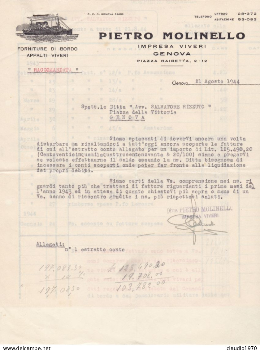 GENOVA - DOCUMENTO - FATTURA - PIETRO MOLINELLO - IMPRESA VIVERI - FORNITURE DI BORDO APPALTI VIVERI - 1944 - Italie