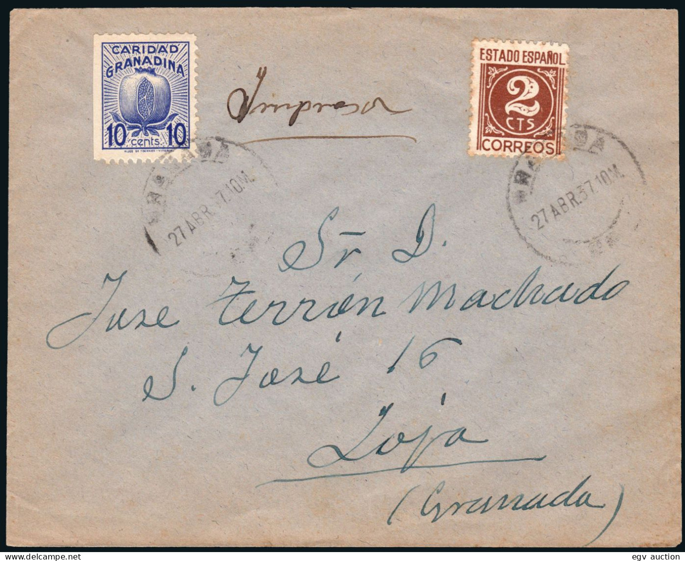 Granada - Edi O 815+ Local - Mat "Granada 27/4/37" Como Impresos A Loja - Lettres & Documents