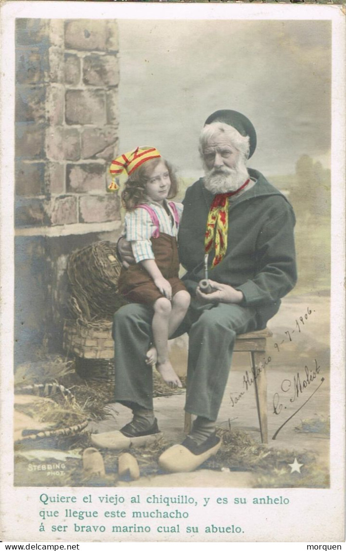 54895. Postal VILADRAU (Gerona) 1906. Fechador De HOSTALRICH. Niña Con Abuelo - Storia Postale