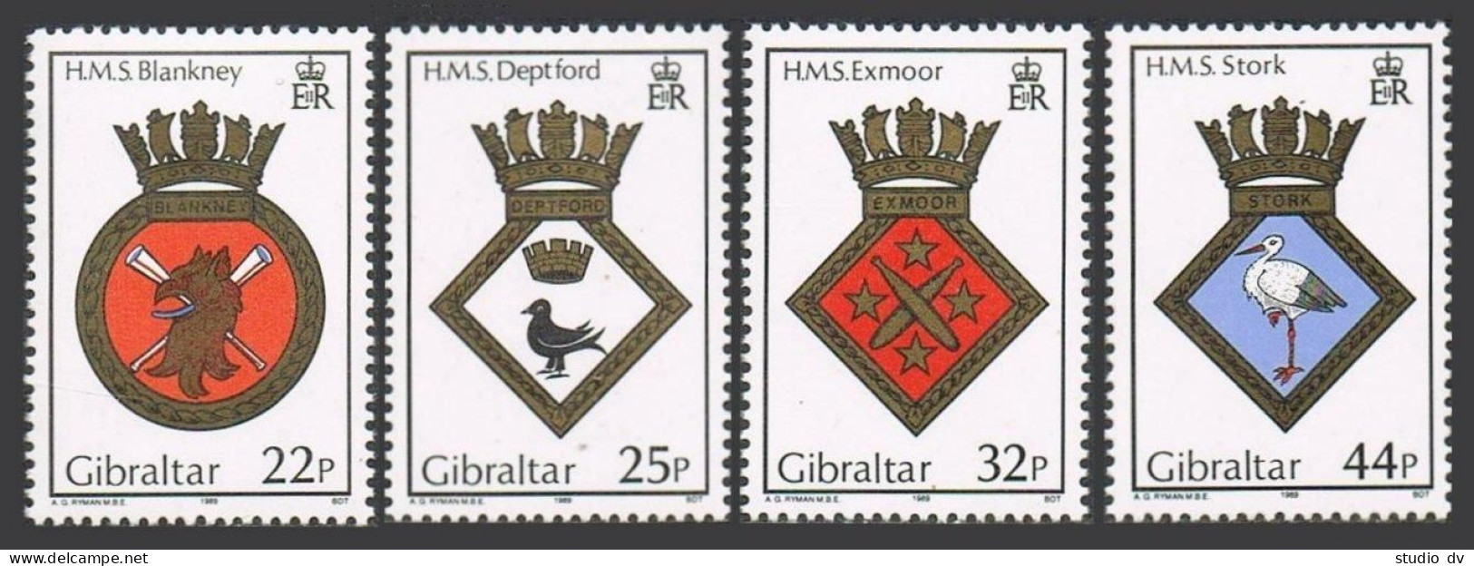 Gibraltar 552-555,hinged. Mi 572-575. Royal Naval Crests 1989.Blankney,Deptford, - Gibraltar