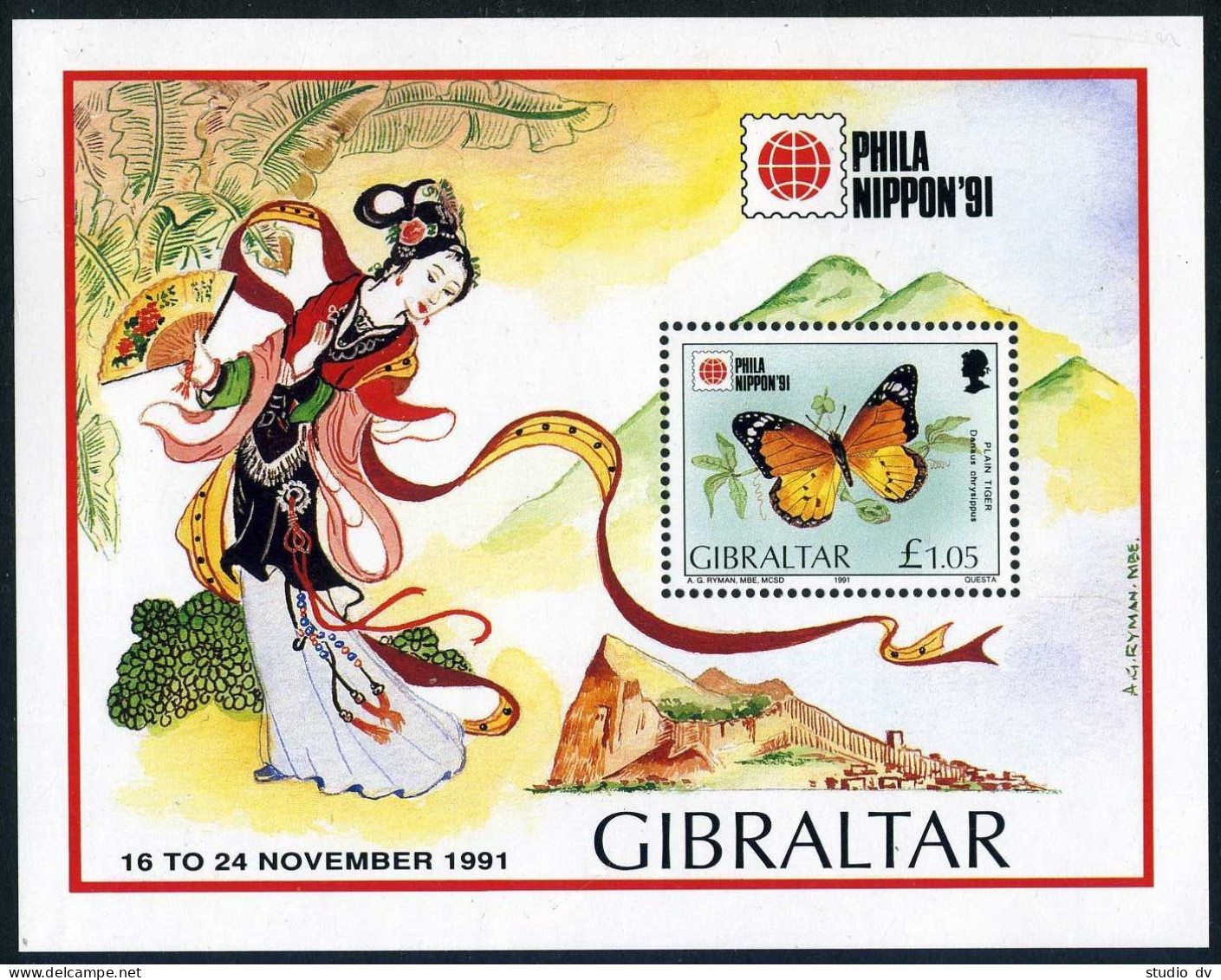Gibraltar 604, Hinged. Mi 632 Bl.16. PHILA NIPPON-1991. Butterfly Plain Tiger. - Gibilterra