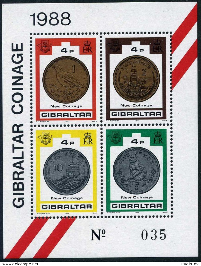 Gibraltar 556-557 Sheets, Hinged. Mi 576-585 Bl.13-14. Coins 1989. Bird, Monkey. - Gibraltar