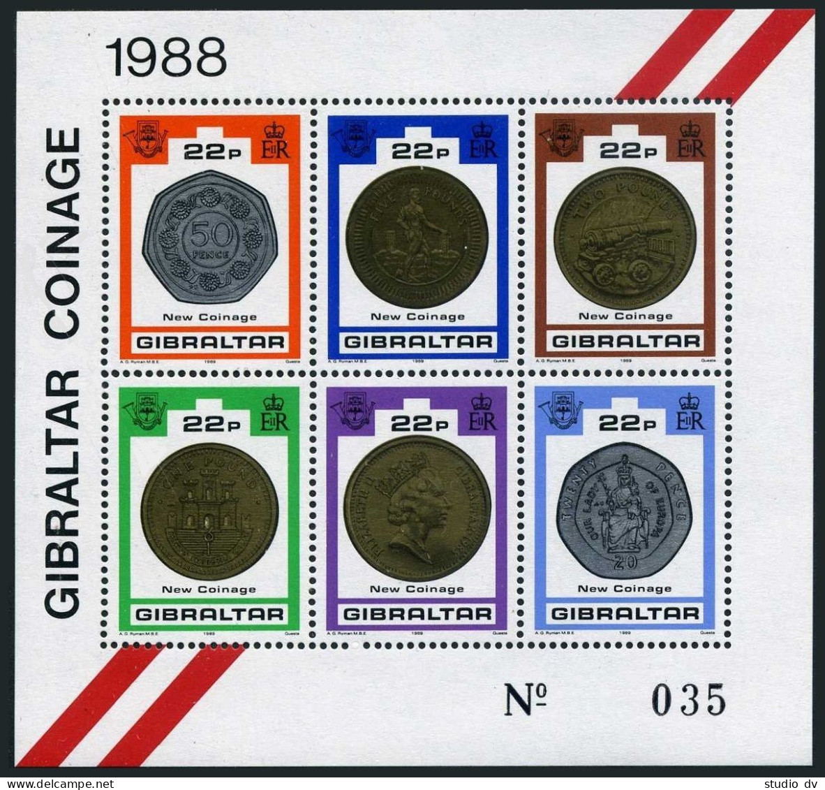 Gibraltar 556-557 Sheets, Hinged. Mi 576-585 Bl.13-14. Coins 1989. Bird, Monkey. - Gibraltar