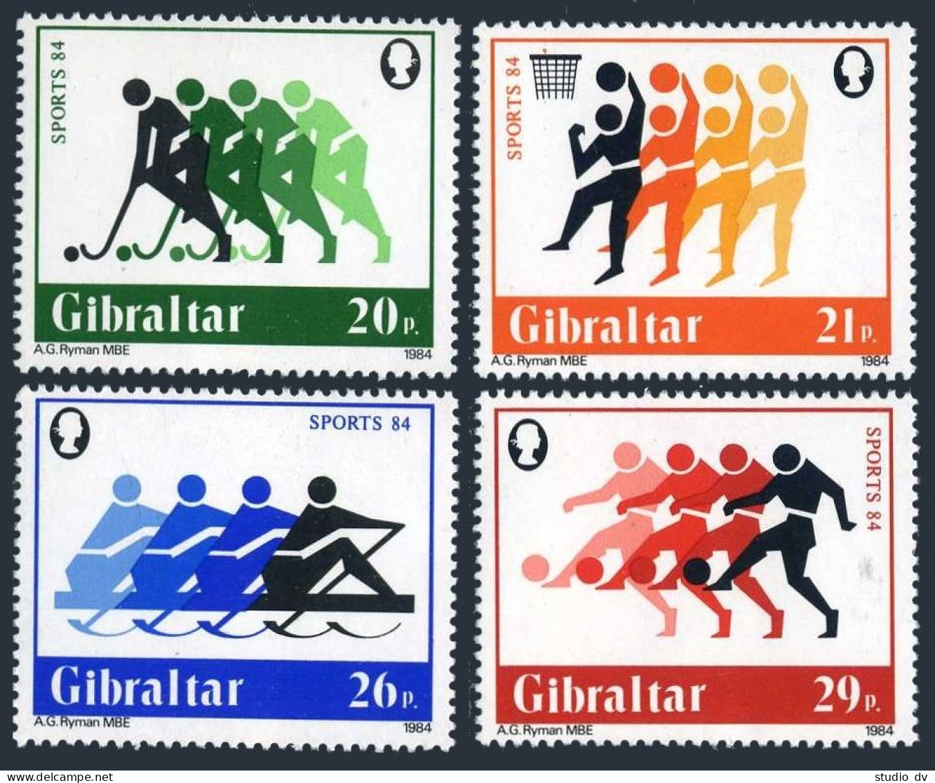 Gibraltar 461-464, MNH Mi 477-480. Field Hockey, Basketball, Rowing ,Soccer,1984 - Gibraltar