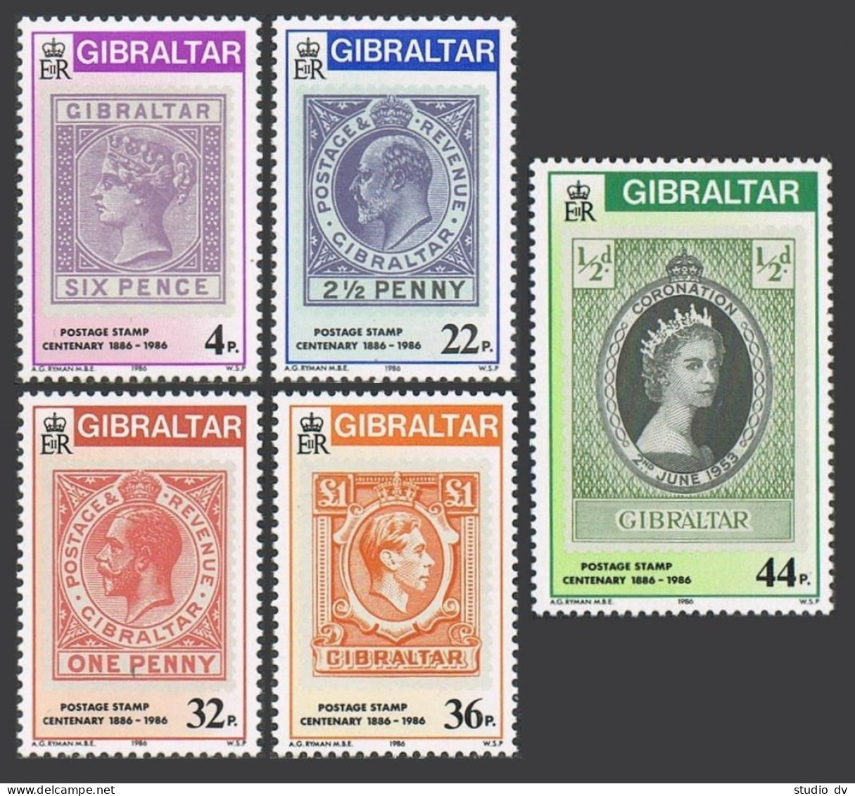 Gibraltar 485-489,490, Hinged. Mi 505-509,Bl.9. Gibraltar Stamps-100, 1986. Map. - Gibilterra