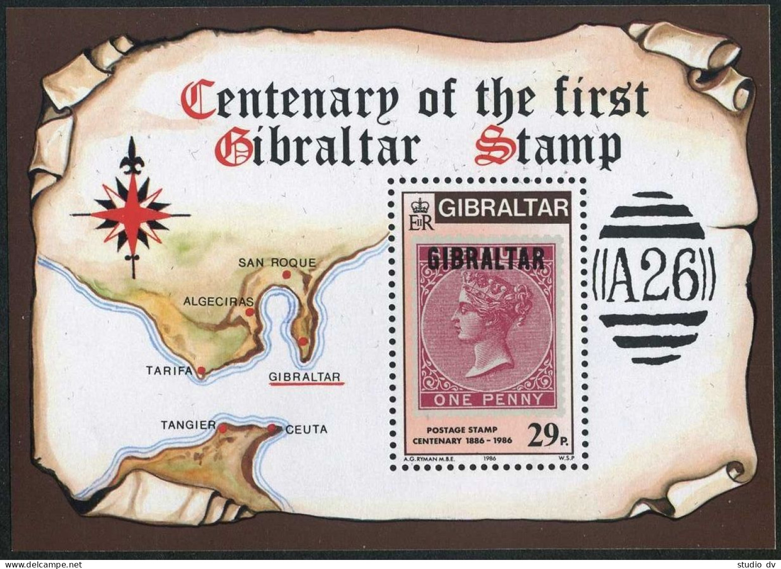 Gibraltar 485-489,490, Hinged. Mi 505-509,Bl.9. Gibraltar Stamps-100, 1986. Map. - Gibraltar