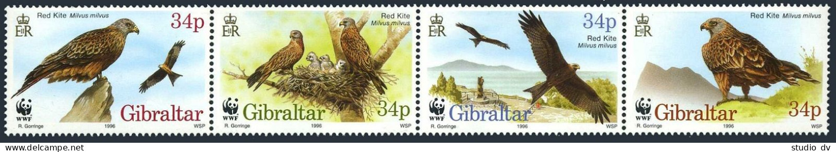 Gibraltar 716 Ad Strip,MNH.Michel 774-777. WWF 1996.Red Kite. - Gibraltar