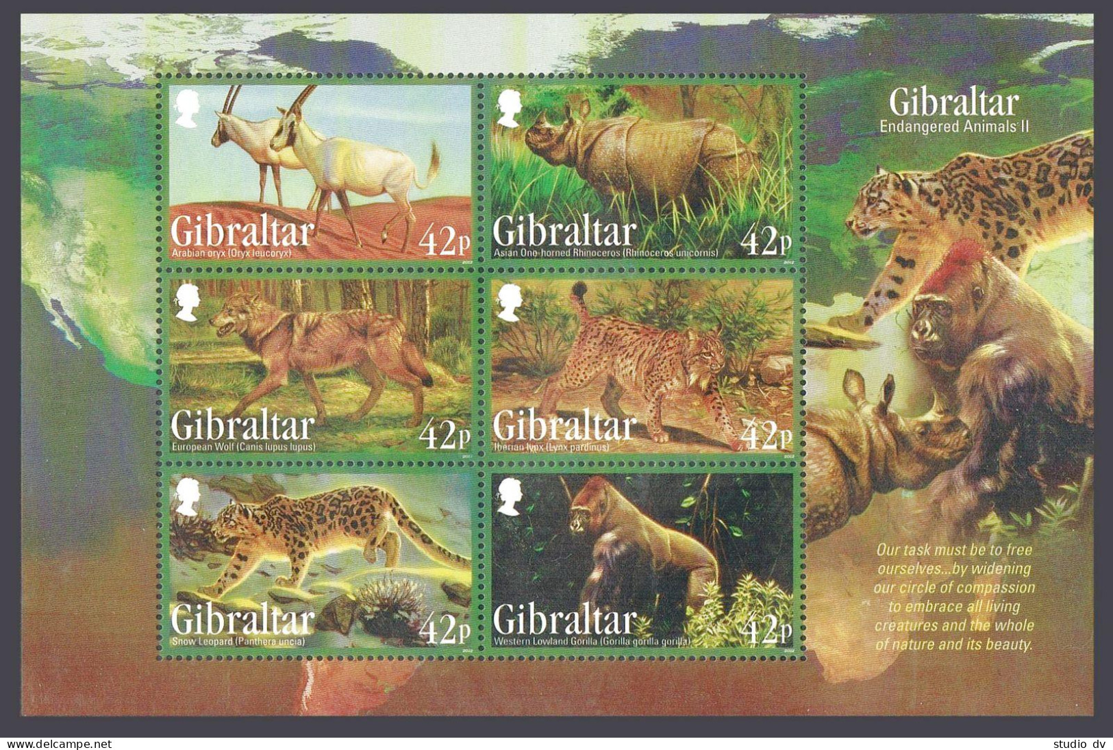 Gibraltar 1353-1358, 1358at, MNH. Endangered Animals, 2012. Oryx, Rhinoceros, - Gibilterra