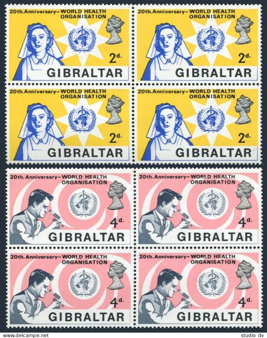 Gibraltar 213-214 Blocks/4,MNH.Michel 215-216. WHO,20th Ann.1968.Nurse,Physician - Gibraltar