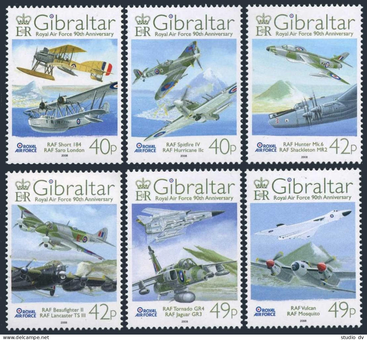 Gibraltar 1135-1140,1141 Sheet,MNH. Royal Air Force,90th Ann.2008.Airplanes. - Gibilterra