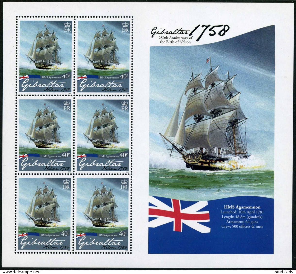 Gibraltar 1128-1133 Sheets, MNH. Admiral Horatio Nelson, 2008. Ships. - Gibraltar