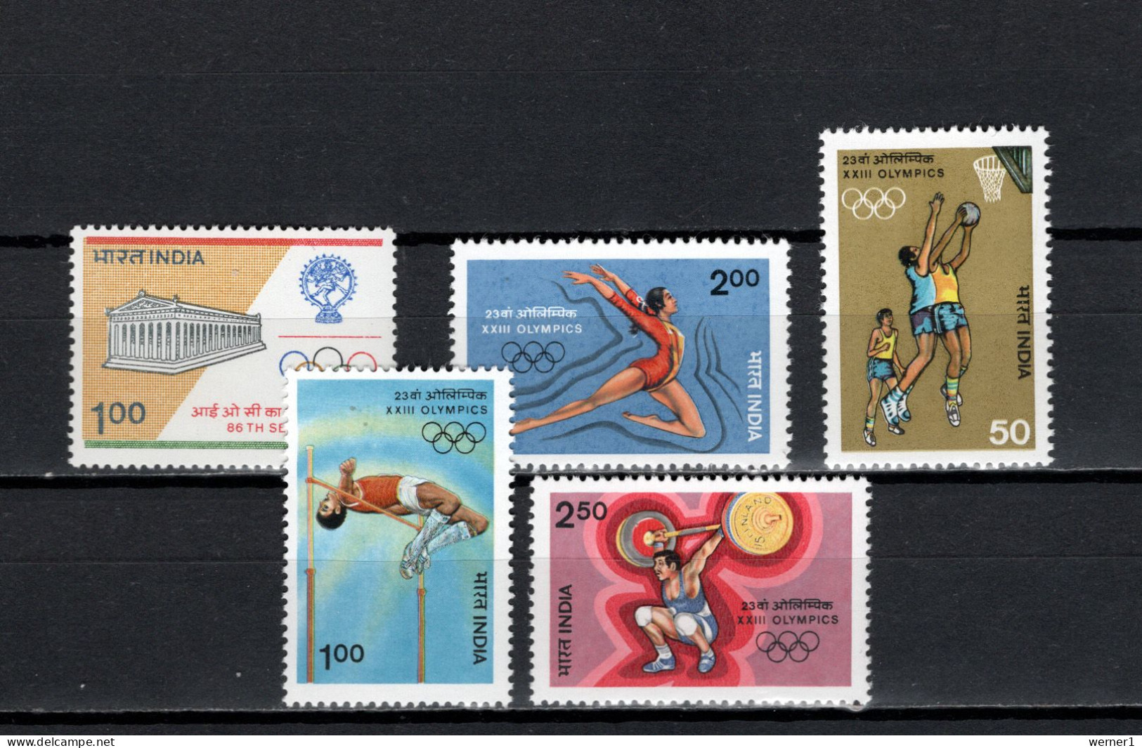 India 1984 Olympic Games Los Angeles, Basketball, Weightlifting Etc. Set Of 4 + 1 Stamps Olympic Committee MNH - Verano 1984: Los Angeles
