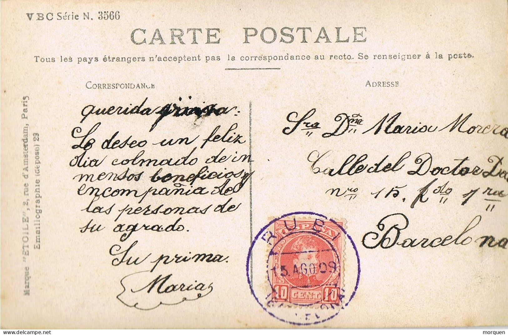 54896. Postal RUBÍ (Barcelona) 1909. Fechador Violeta. Niña Con Flores - Covers & Documents