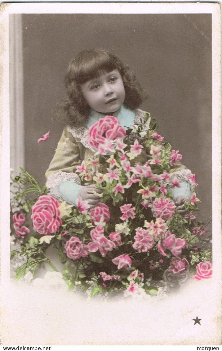 54896. Postal RUBÍ (Barcelona) 1909. Fechador Violeta. Niña Con Flores - Storia Postale