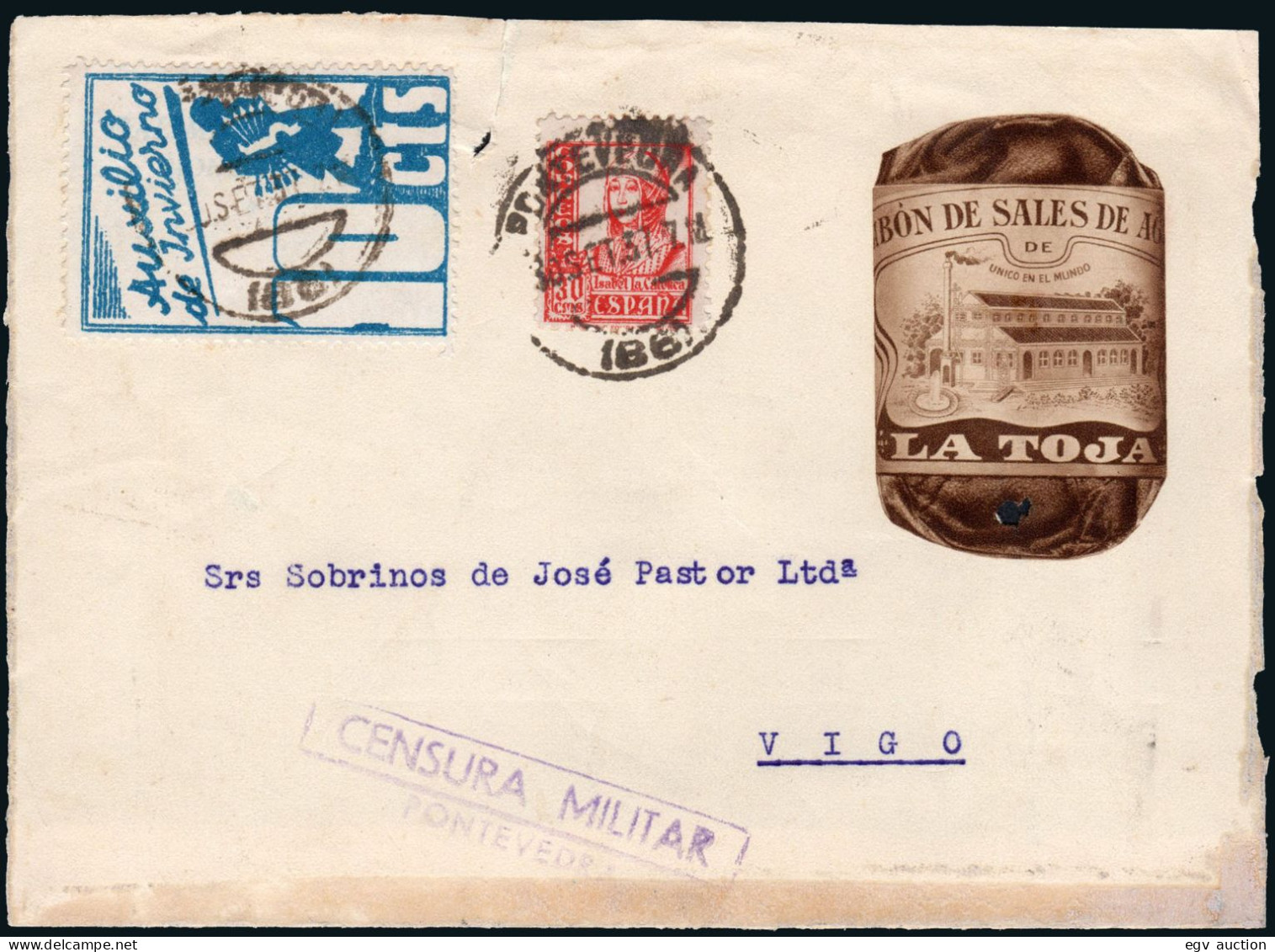 Pontevedra - Guerra Civil - Edi O 823+ Auxilio Invierno - Frontal Con Publicidad "Jabón La Toja" Mat "Pontevedra 30/9/37 - Cartas & Documentos