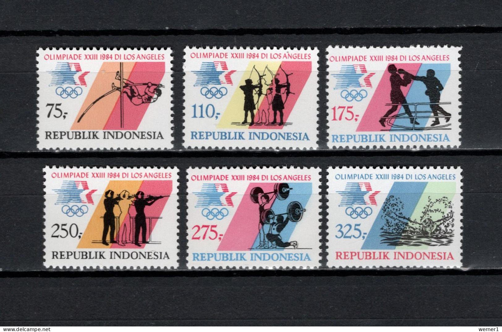 Indonesia 1984 Olympic Games Los Angeles, Archery, Boxing, Shooting, Weightlifting, Swimming Etc. Set Of 6 MNH - Ete 1984: Los Angeles